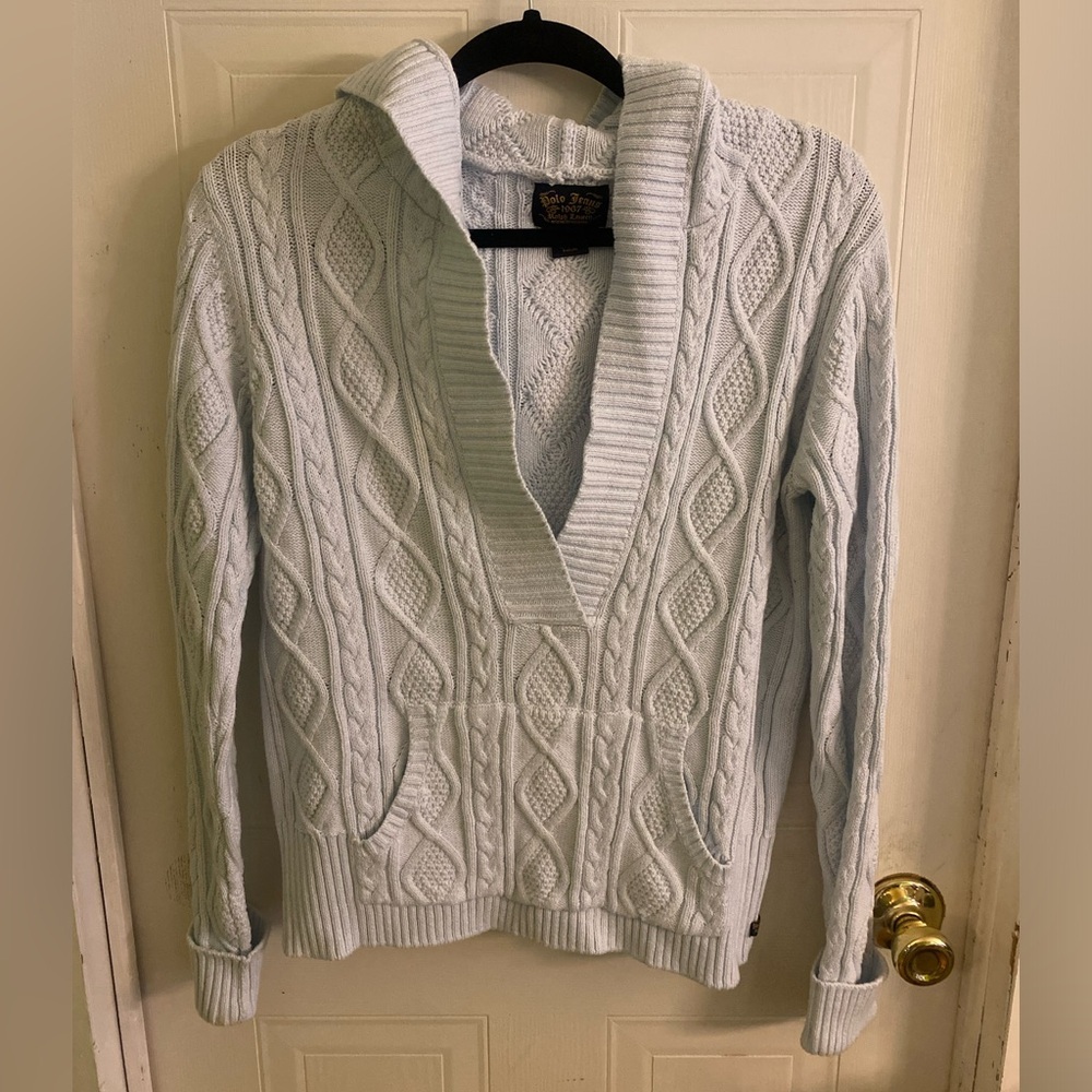 VTG Polo Jeans Co Light Blue Hooded Cable Knit V-Neck Sweater